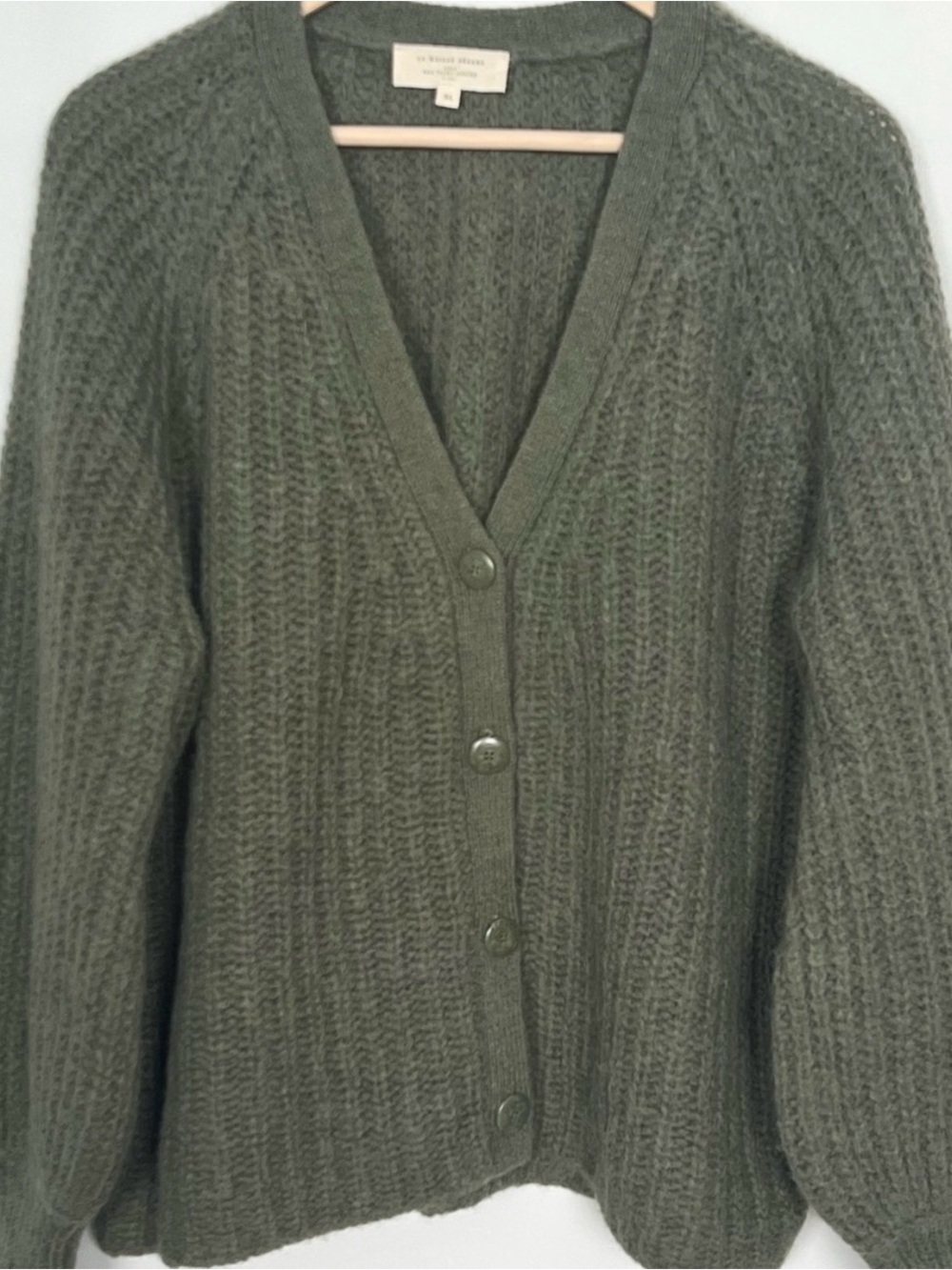 Sézane Basile Cardigan XL Olive Green Alpaca Wool Chunky Knit Balloon Sleeve - Picture 3 of 5
